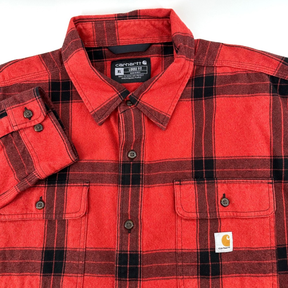 Carhartt Mens XL Loose Fit Red Black Plaid Flannel Work Shirt Long Sleeve